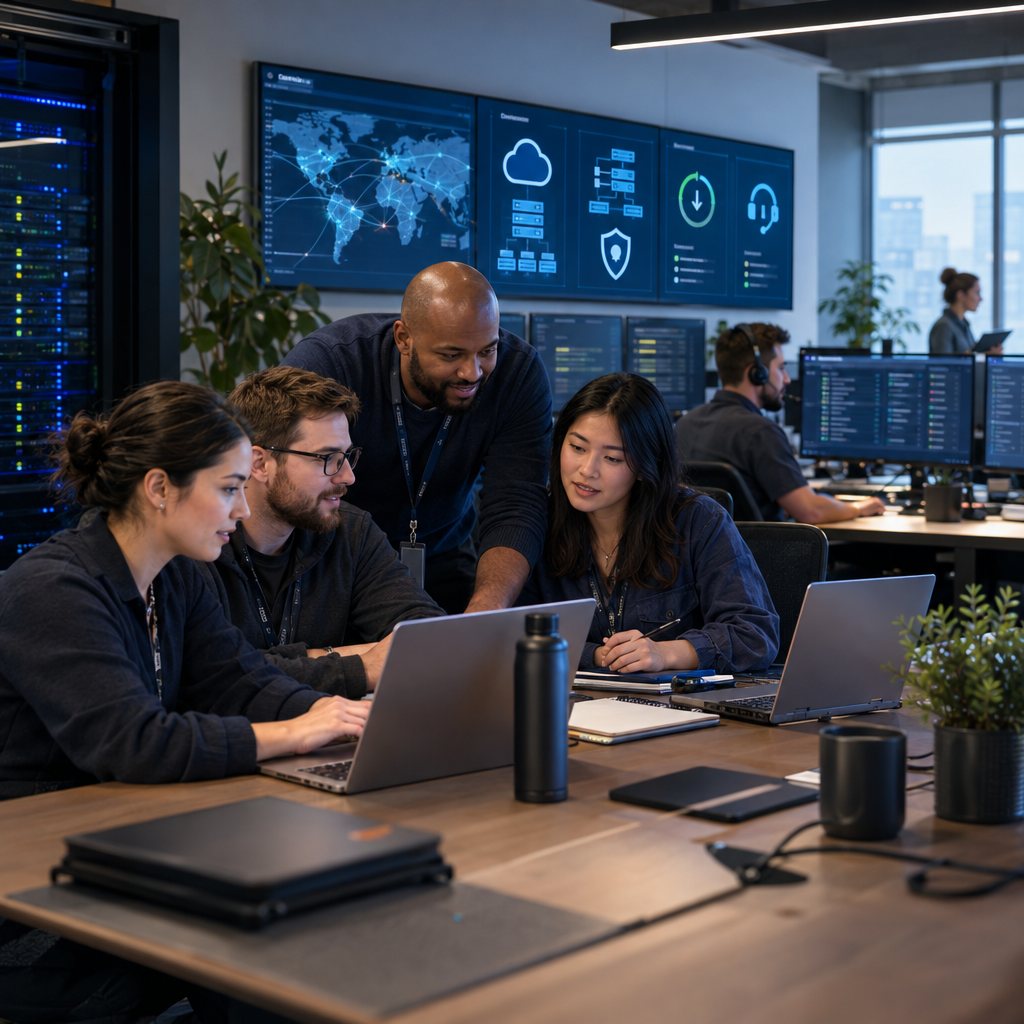 IEE team members working together at a laptop, with monitoring dashboards on the wall behind them