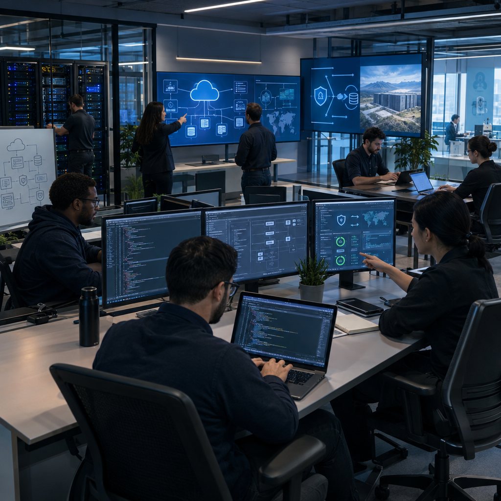 IEE engineers at work in a modern operations centre, with cloud and security dashboards on screen